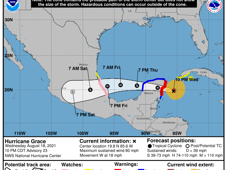Trayectoria probable del huracán Grace. Imagen: NHC.