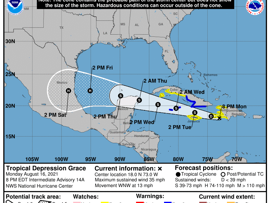 Trayectoria probable de la tormenta tropical Grace. Imagen: National Hurricane Center.
