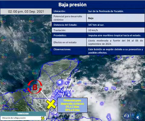 Zona de baja presión pasará por debajo de la península de Yucatán, lo que ocasionará lluvias en gran parte del territorio.