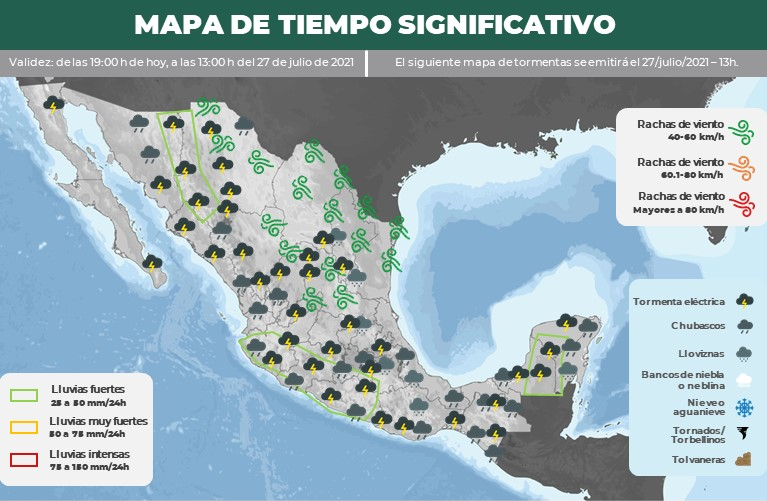 Mapa de distribución de tormentas en el territorio nacional.