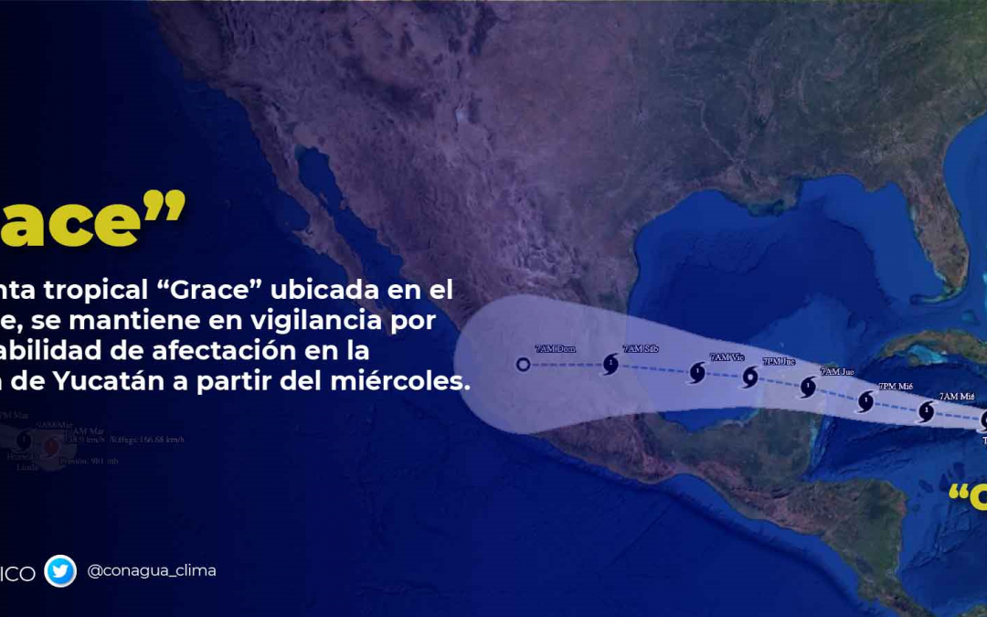 Tormenta tropical Grace y su probable trayectoria. Imagen proporcionada por el Servicio Meteorológico Nacional.