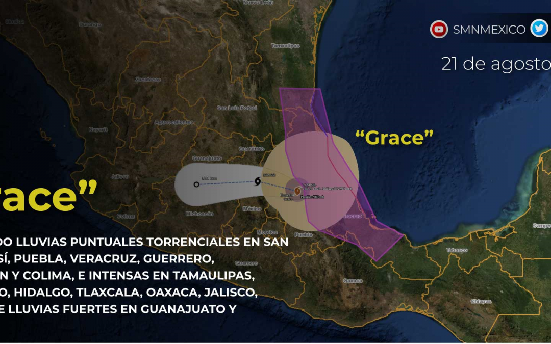 EL HURACÁN "GRACE" CON CATEGORÍA 2, SE DEBILITA MIENTRAS SE DESPLAZA SOBRE EL NORTE DE PUEBLA, HACIA LA MESA CENTRAL, ORIGINANDO LLUVIAS PUNTUALES TORRENCIALES EN SAN LUIS POTOSÍ, PUEBLA, VERACRUZ, GUERRERO, MICHOACÁN Y COLIMA, E INTENSAS EN TAMAULIPAS, QUERÉTARO, HIDALGO, TLAXCALA, OAXACA, JALISCO, ADEMÁS DE LLUVIAS FUERTES EN GUANAJUATO Y MORELOS.