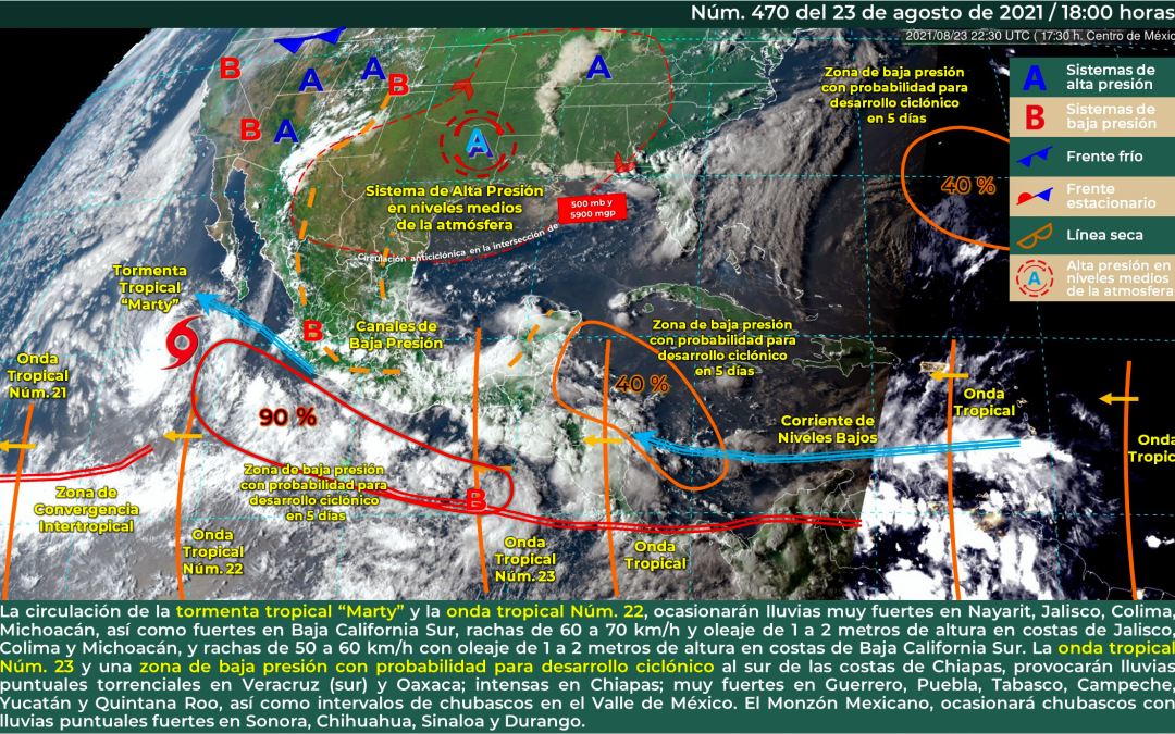 Sistemas meteorológicos actuales. Fuente: CONAGUA.