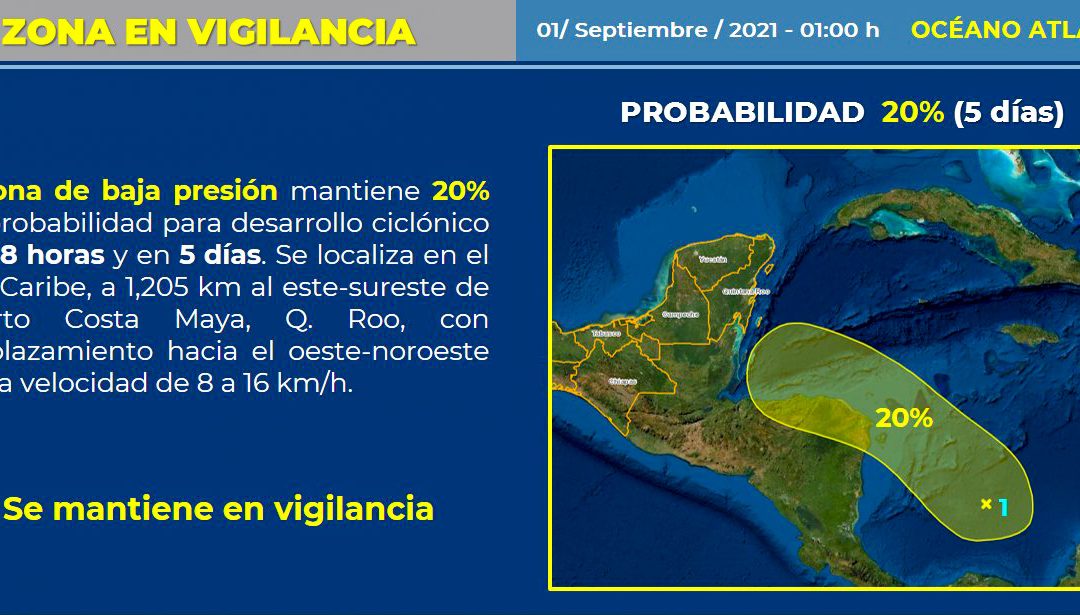 Zona de Baja Presión en el océano Atlántico mantiene 20% de probabilidad para formar un Ciclón Tropical en el Pronóstico a 48 horas.