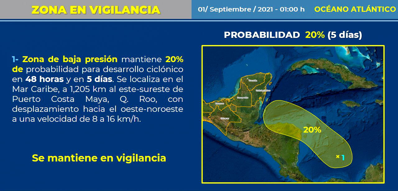 Zona de Baja Presión en el océano Atlántico mantiene 20% de probabilidad para formar un Ciclón Tropical en el Pronóstico a 48 horas.