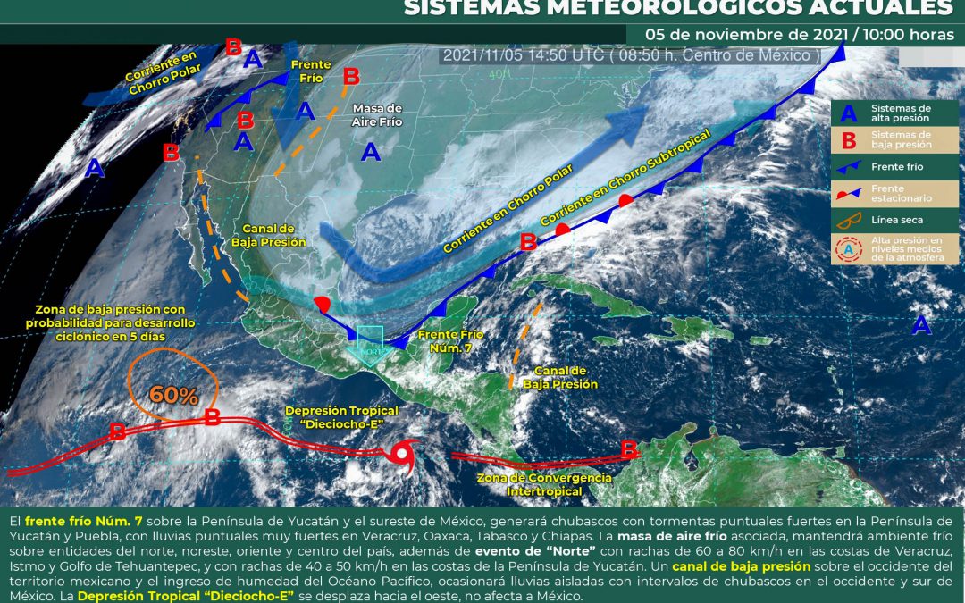 Frente frio #7 (Balam) ocasionará chubascos y tormentas fuertes sobre la península de Yucatán.