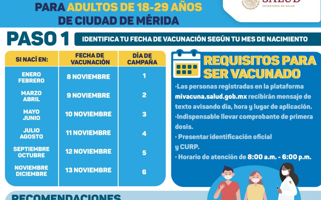 Del 8 al 13 de noviembre se aplicarán segundas dosis de la vacuna contra el Coronavirus a personas de 18 a 29 años de Mérida