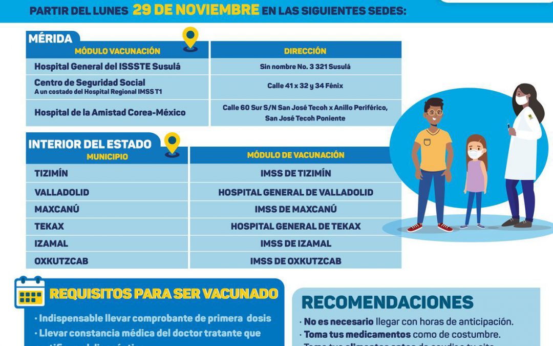 Anuncia el gobierno del estado la aplicación de segundas dosis a adolescentes de 12 a 17 años con comorbilidades en Yucatán.