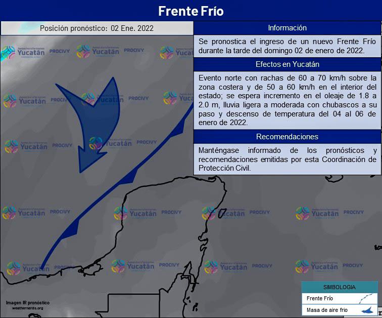 Frente frio que se espera ingrese a la península de Yucatán el próximo domingo 02 de enero, generará descenso de las temperaturas y norte fuerte en el Golfo de México, Istmo y Golfo de Tehuantepec.