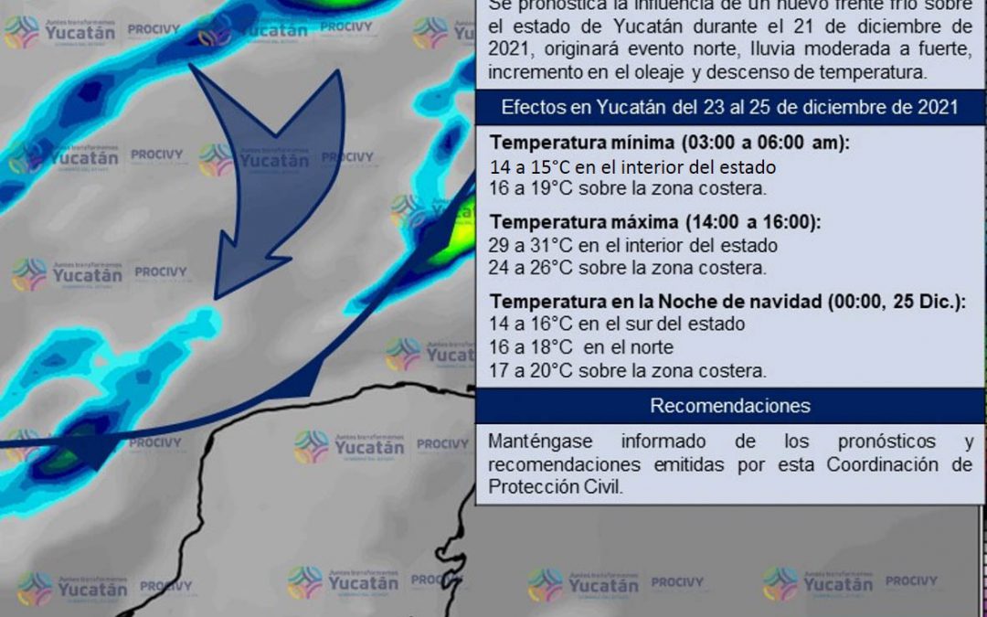 Frente frío con cambios de temperatura, lluvias y vientos, en días previos a la Noche Buena.