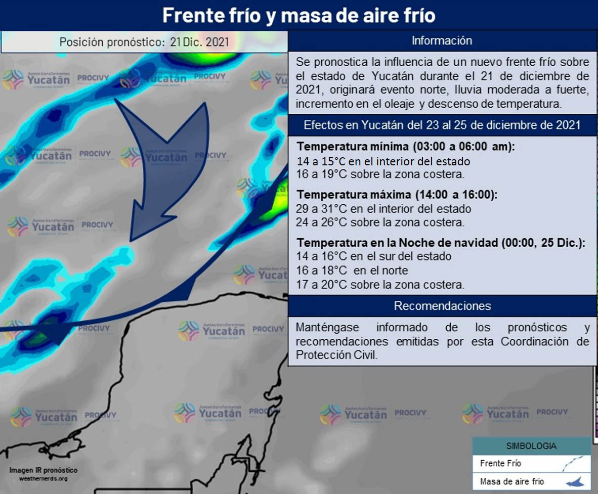 Frente frío con cambios de temperatura, lluvias y vientos, en días previos a la Noche Buena.