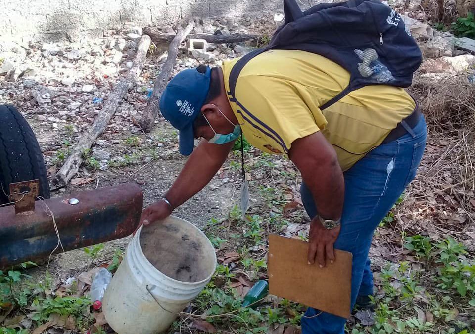 Los brigadistas se encargan de tratar con productos químicos los acumulamientos de agua con el fin de eliminar los huevecillos de los moscos vectores de diferentes enfermedades.