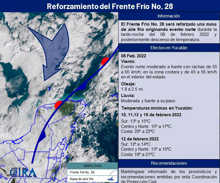 Una masa de aire frio proveniente del norte reforzará al frente frío #28, lo que ocasionará descensos en la temperatura, condiciones que han obligado al cierre de los puertos del litoral yucateco.