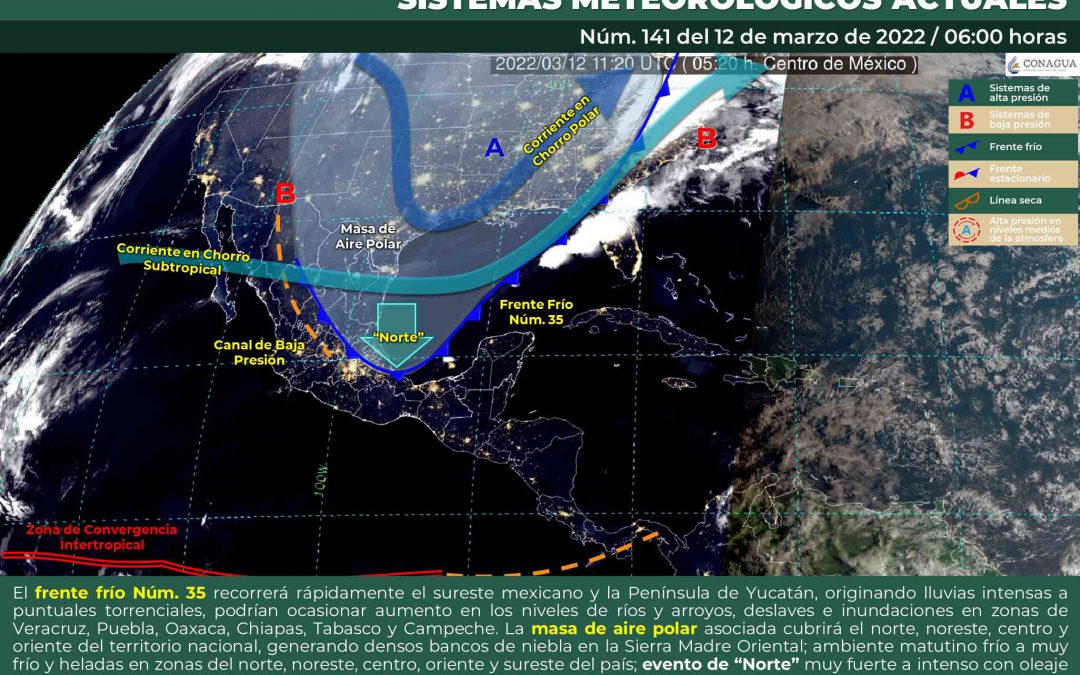 La entrada del frente frío #35 ocasionará lluvias intensas y tormentas eléctricas en la península de Yucatán. se espera que golpee la península alrededor del medio día de este sábado.