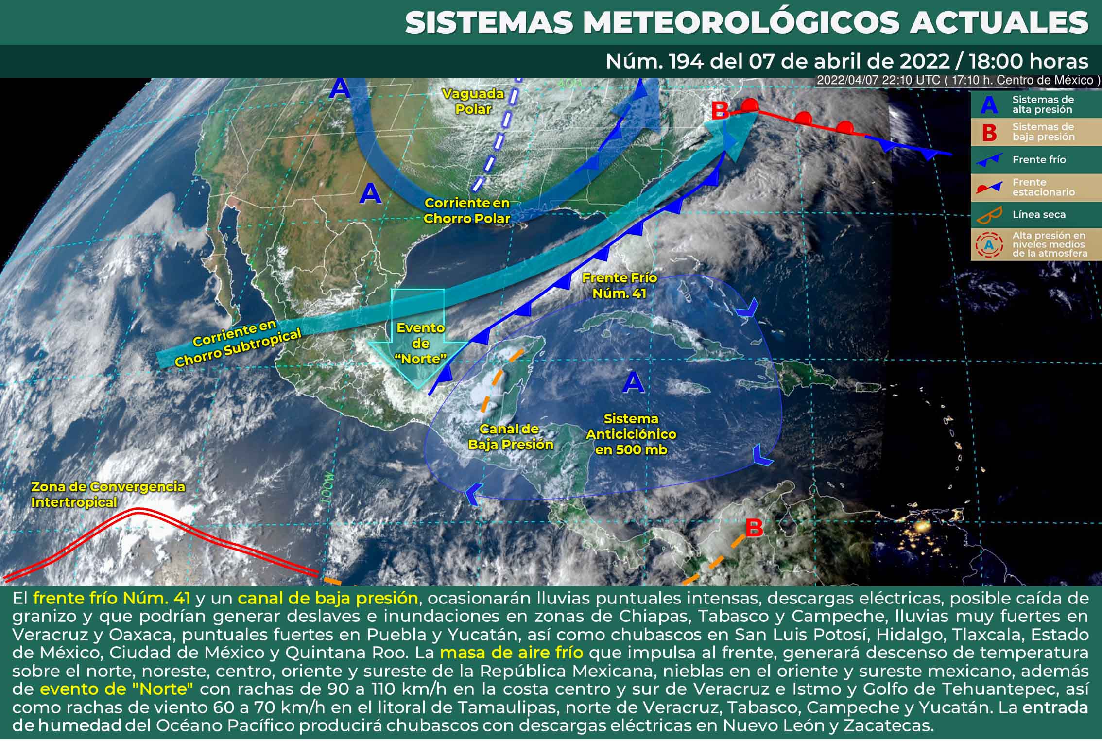 En aproximación el Frente Frío No. 41 con intensas lluvias. Refrescará temperaturas.