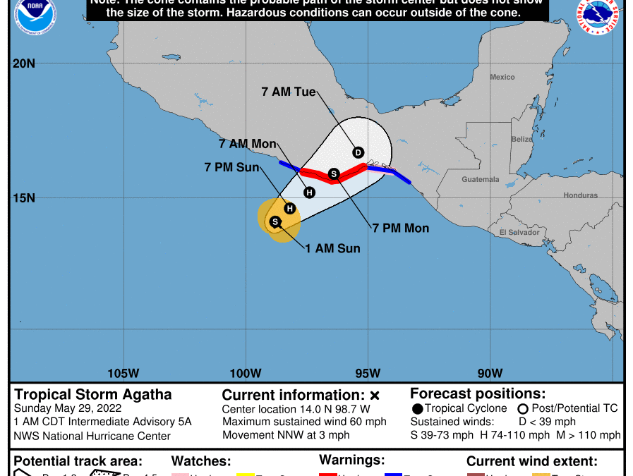 Trayectoria estimada de la tormenta tropical Agatha en el océano Pacífico, el lunes estaría golpeando las costas del estado de Oaxaca.