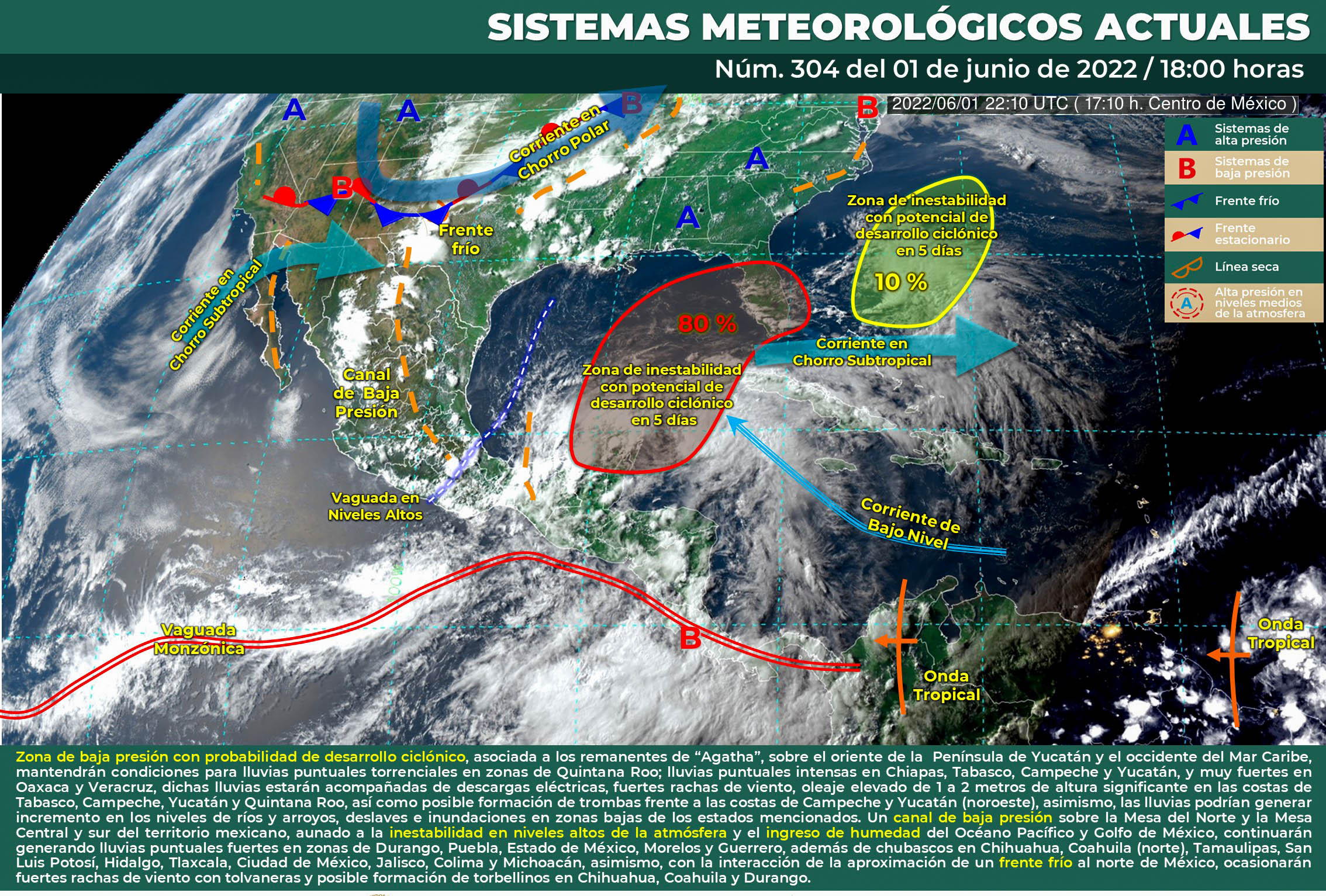 LOS REMANENTES DE «AGATHA» MANTENDRÁN LLUVIAS TORRENCIALES EN QUINTANA ROO E INTENSAS EN EL SURESTE DE MÉXICO