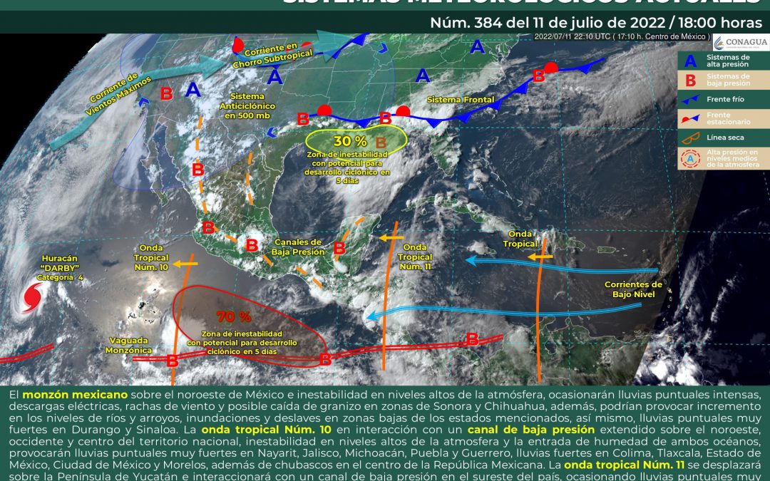 La onda tropical número 11 se desplazará sobre la península de Yucatán e interaccionara con un canal de baja presión en el sureste del país ocasionando lluvias puntuales muy fuertes.