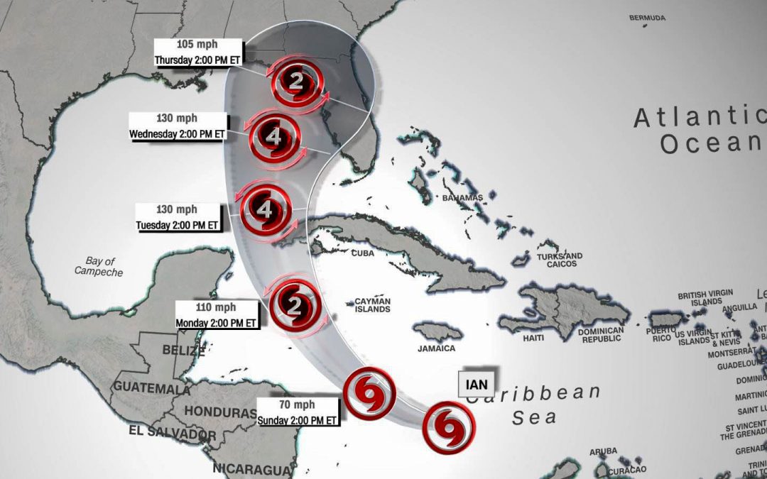 Trayectoria estimada de la tormenta tropical Ian, se espera un fortalecimiento significativo durante los próximos días, antes de impactar las costas de Florida, en los EE.UU.