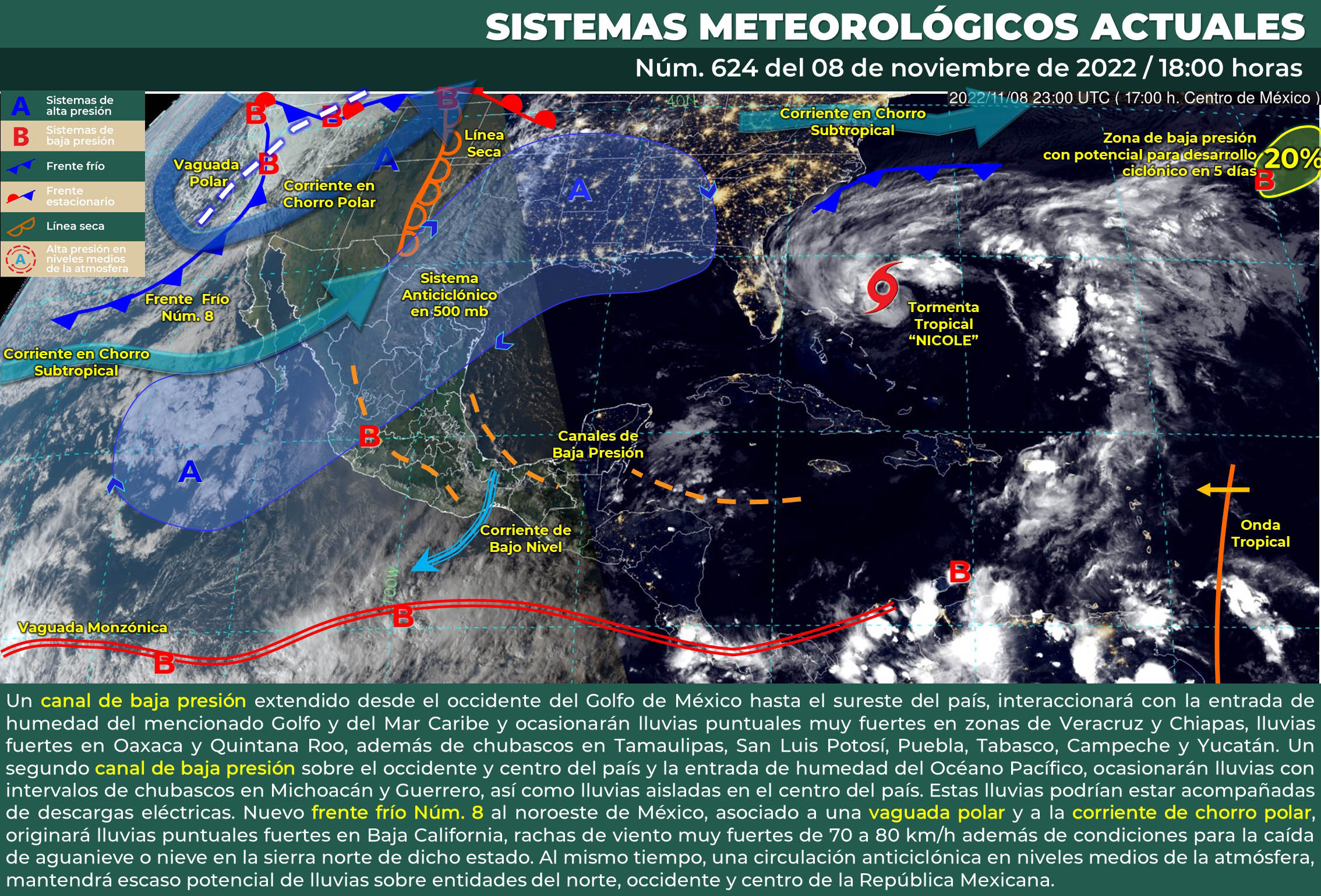 ESTA NOCHE Y MADRUGADA, SE PRONOSTICAN LLUVIAS PUNTUALES MUY FUERTES EN VERACRUZ Y CHIAPAS