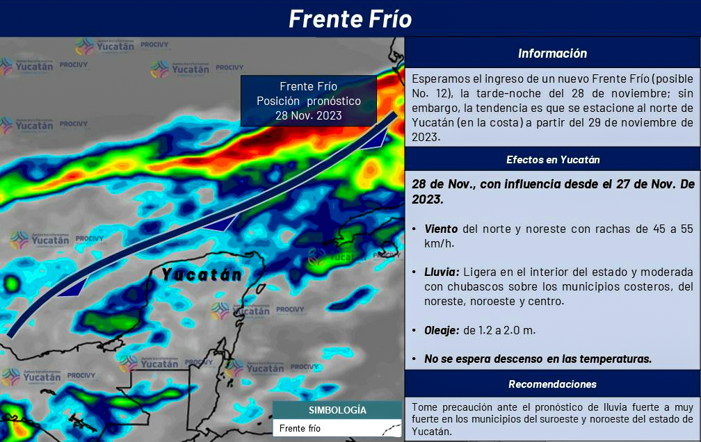 El próximo martes 28 de noviembre se espera la entrada del frente frío #12. se espera que se estacione al norte de la península el miércoles 29.