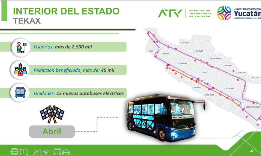 15 autobuses eléctricos nuevos se entregaran a la ciudad de Tekax, la ruta programada se muestra en la imagen.